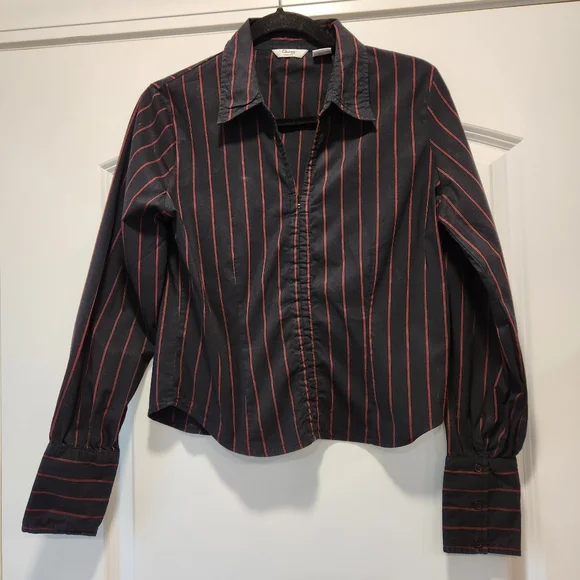 QUIZZ STRETCH WOMEN'S BLACK WITH RED STRIPES BLOUSE SIZE M - Picture 1 of 5